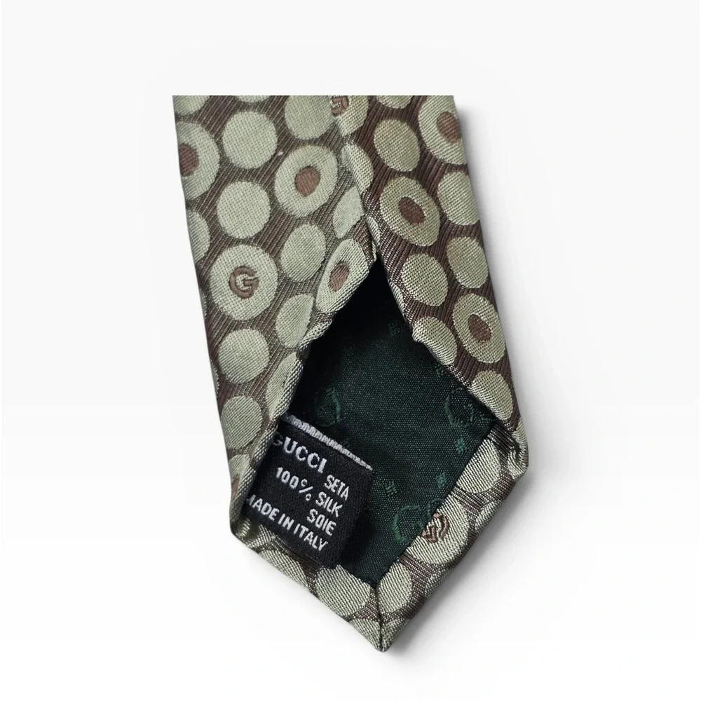 Gucci Mens Silk Tie Olive Green Brown Geometric G Logo Made in Italy
